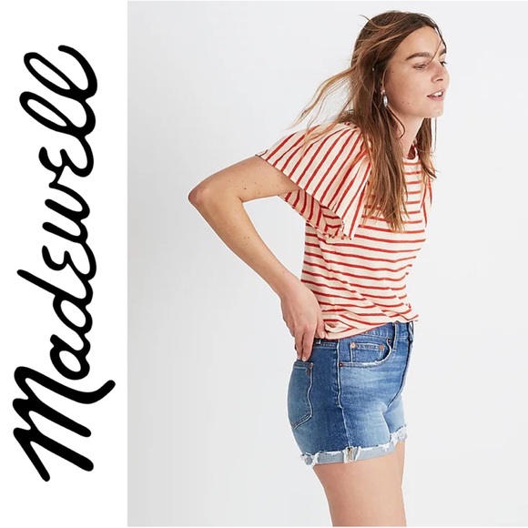 Madewell sz XS Flutter-Sleeve Tee top in Yorktown Stripe beige red striped - Picture 2 of 16
